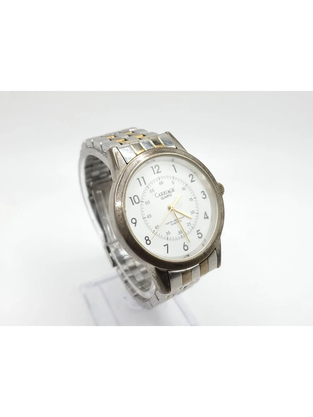 2004 Timex Carriage Quartz Watch Mens New Battery Two-Tone White Dial 36mm